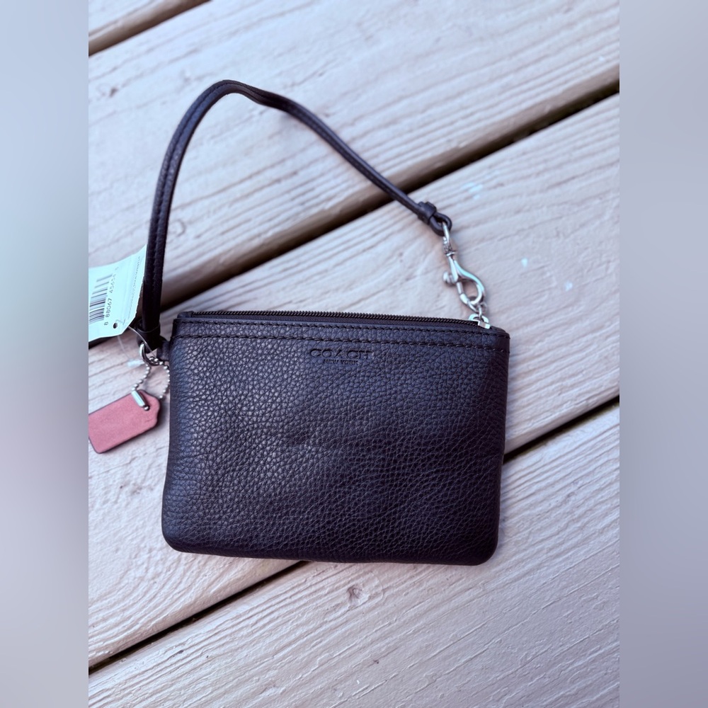 NWT COACH Black Leather Wristlet, Size: 4” x 6” x 1/2”W x 6” hand strap